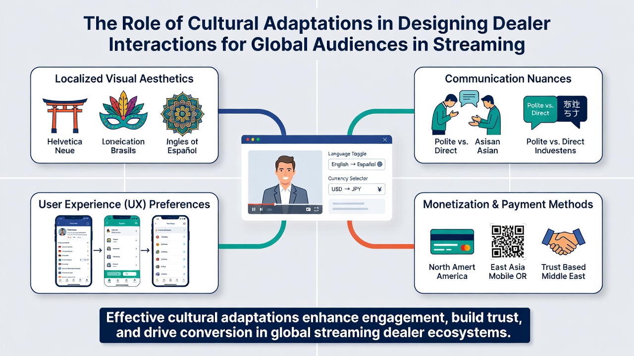 Multicultural dealer team preparing for localized streaming sessions